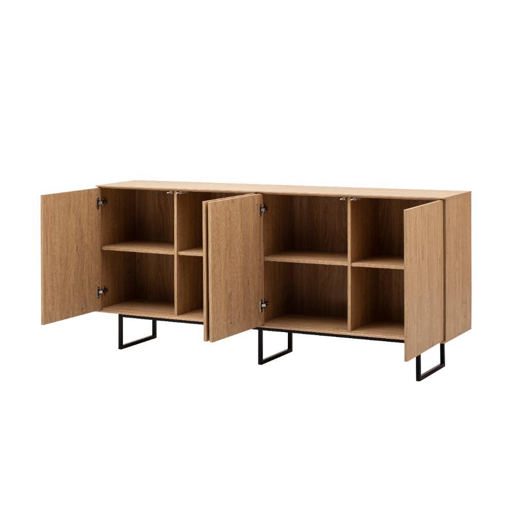 Offenes 4-türiges Sideboard in Eiche Stone mit Einlegeböden und schwarzen Metallfüßen – Jaskin