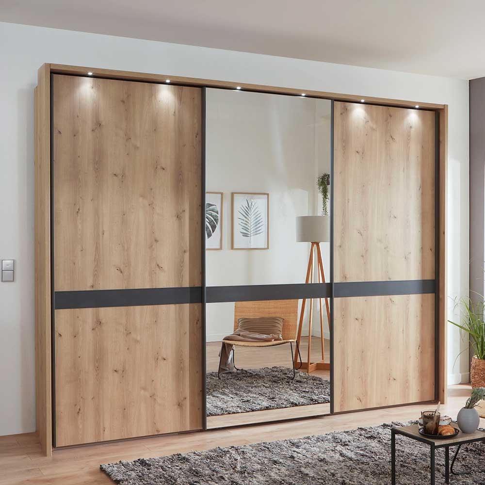 Schwebetürenschrank mit integrierter LED-Beleuchtung, Spiegelfront und Holzdekor – Ulapos