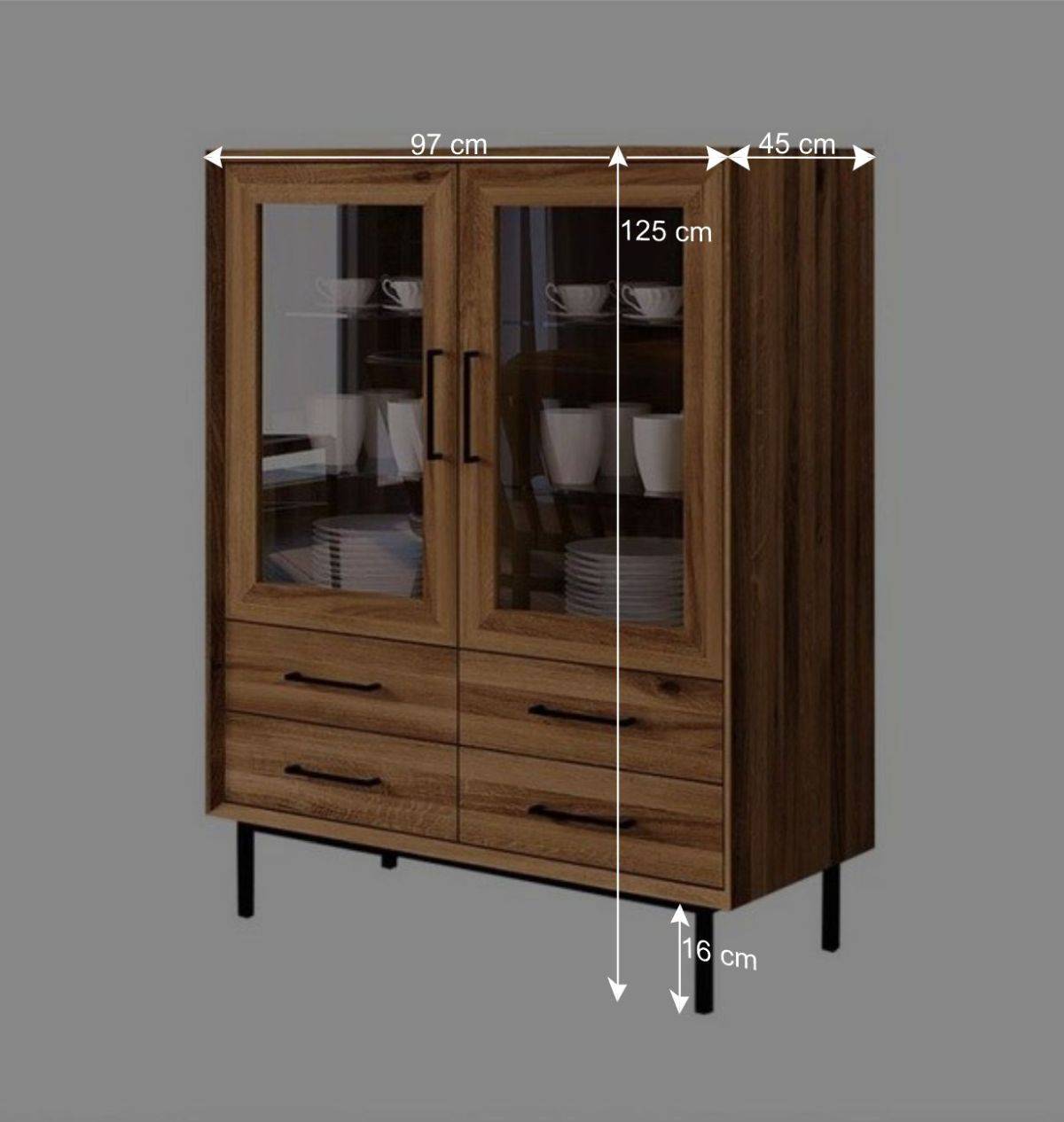 97x125x45 Skandi Vitrine mit vier Schubladen - Kerfa