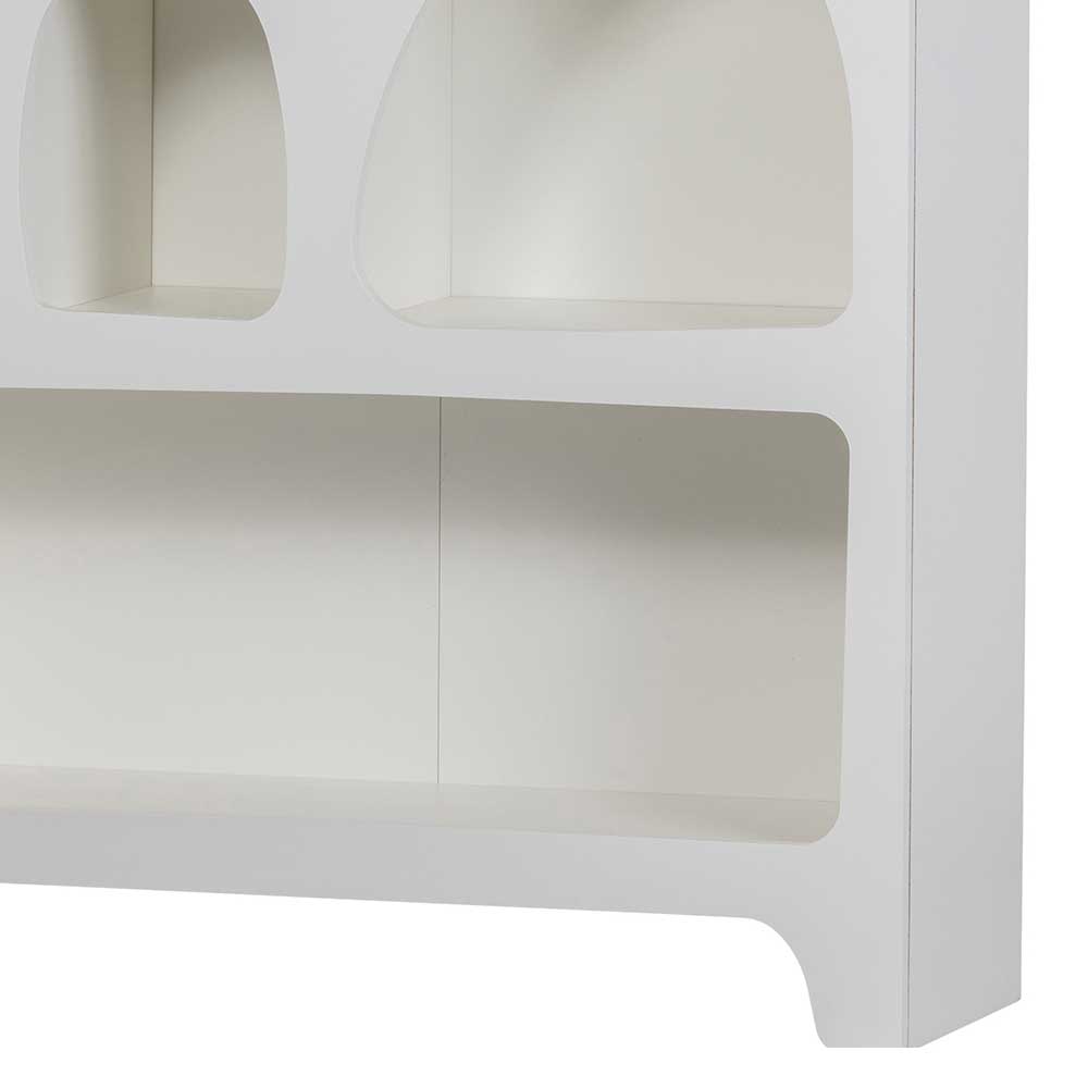 Untere Fächer und der robuste Standfuß des weißen Design Bücherregals im Detail – Tom