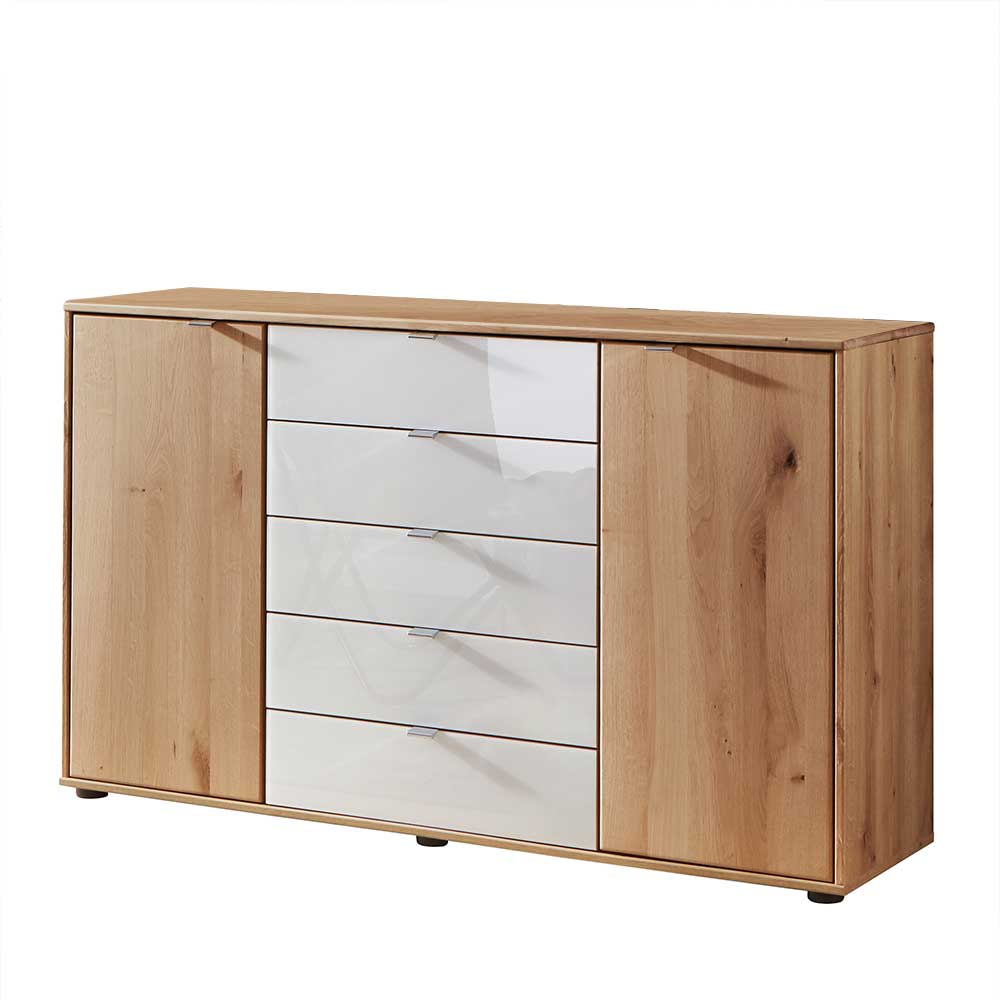 Moderne Kommode in Eiche Bianco und Weiß Glas mit Türen und fünf Schubladen als Sideboard – Crucav