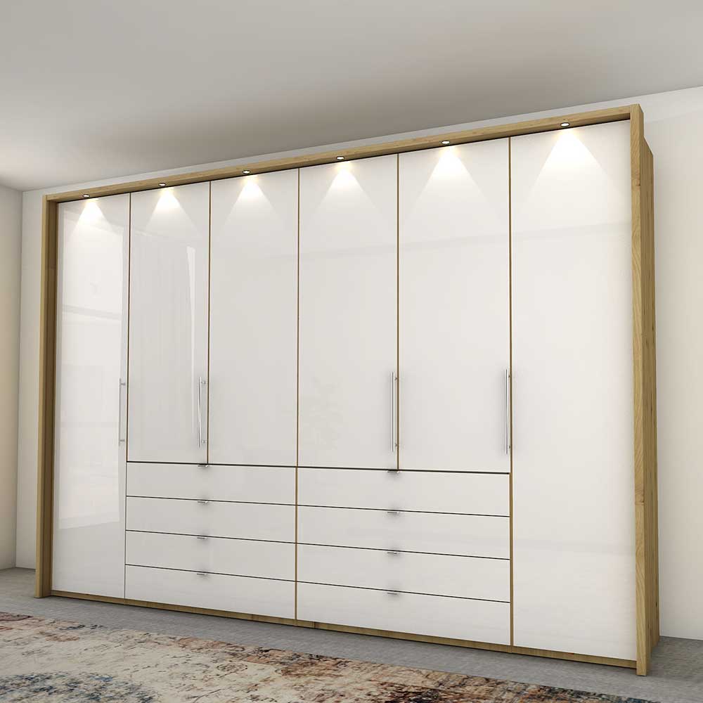 Geräumiger Kleiderschrank in Weiß Hochglanz mit Eiche Bianco Rahmen und vielen Schubladen – Nuetran