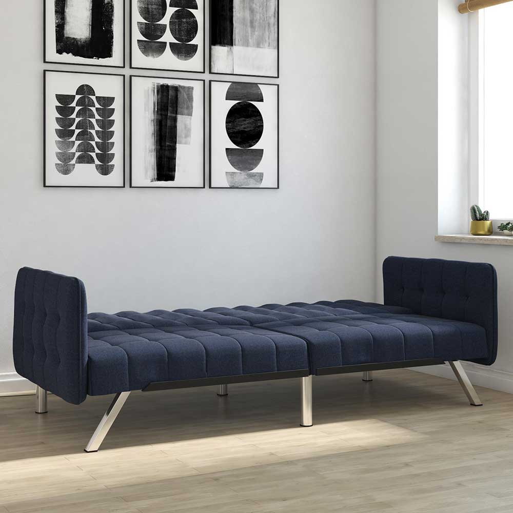 Ausgeklapptes dunkelblaues Schlafsofa mit Bettfunktion und eleganten Chromfüßen – Didicto