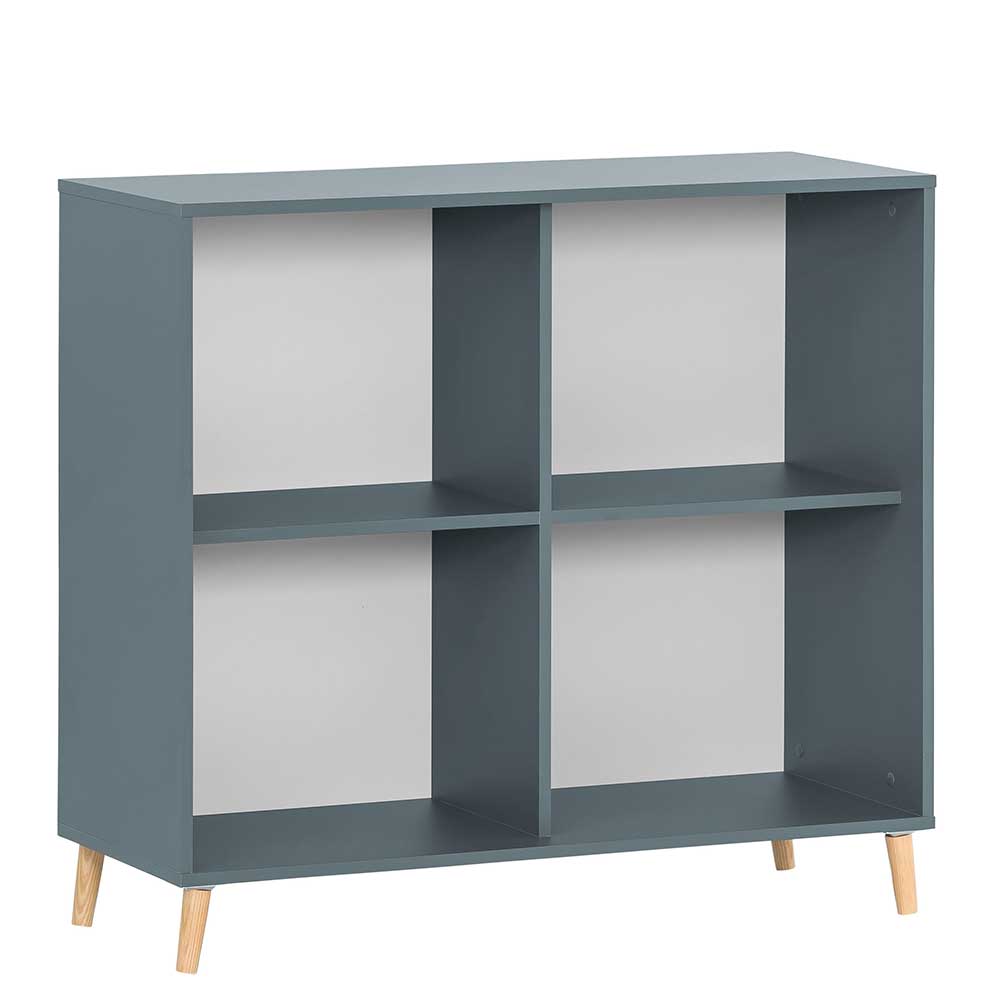 Petrolfarbenes Regal mit vier offenen Fächern und Eichenholzfüßen als stilvolles Sideboard für Wohnzimmer – Baiamare