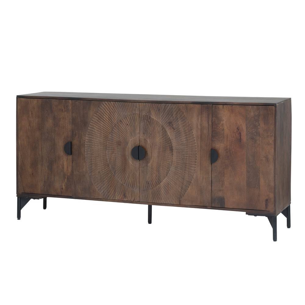 Stilvolles Mangoholz-Sideboard in Walnussbraun mit einzigartiger Schnitzerei und stabilen Metallfüßen – Epos