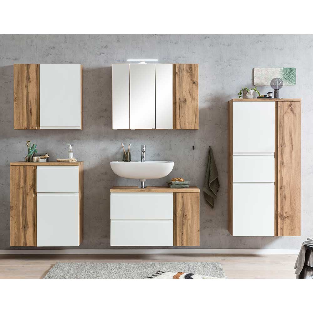 Fünfteiliges Badmöbel Set in Holzoptik und Weiß, inklusive Waschbecken, Spiegelschrank und Hängeschränken – Eight