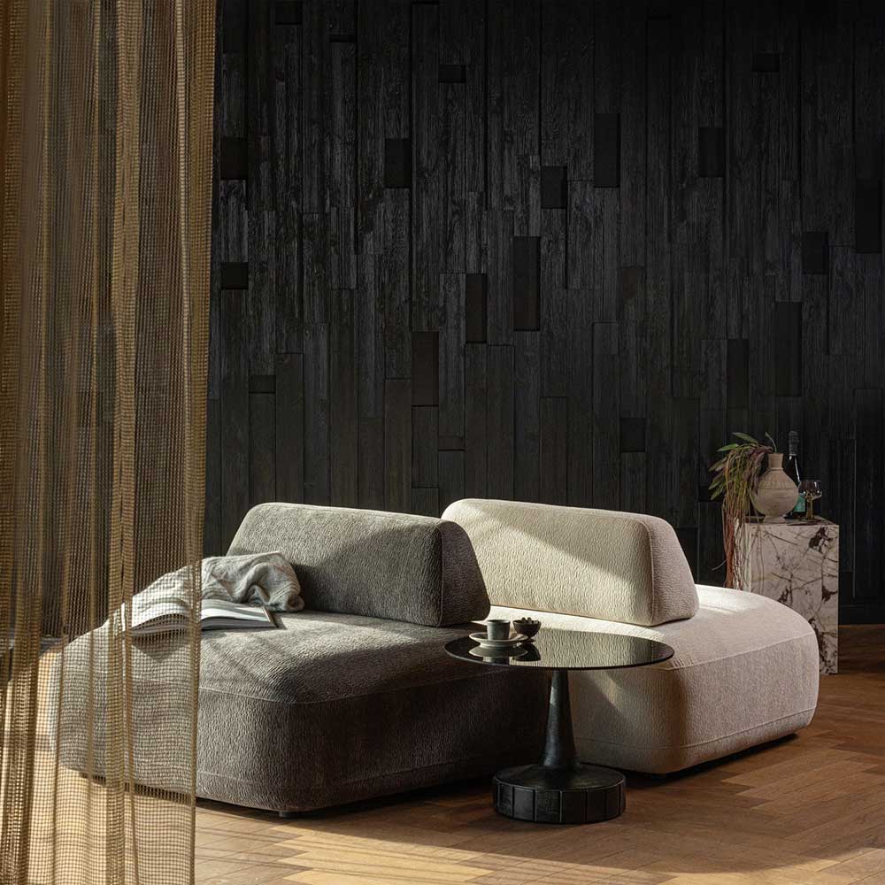 Skandi Designsessel in beigem Strukturstoff als elegantes Sitzelement im modernen Interieur – Samuele