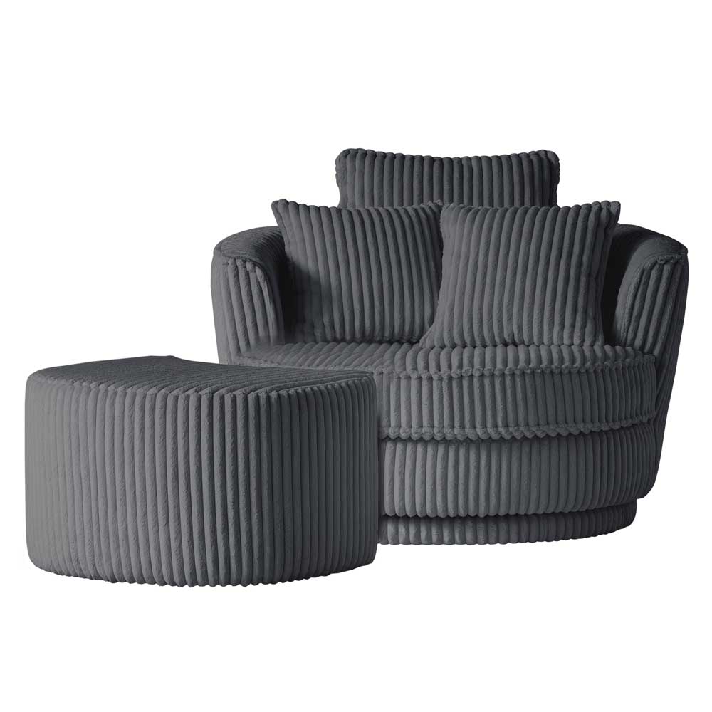 Anthrazitfarbener Lounge Sessel und runder Fußhocker aus geripptem Cordstoff – Fassong