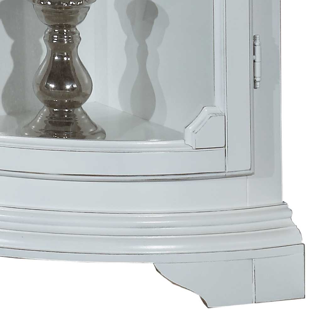 Gebogener Sockel einer weißen Vintage Eckvitrine mit Glastür und Scharnier – Zarinas