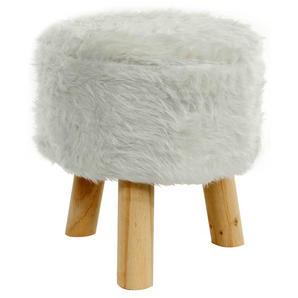 Weißer runder Fußhocker mit flauschigem Plüschbezug und drei robusten Holzfüßen – Jaturac