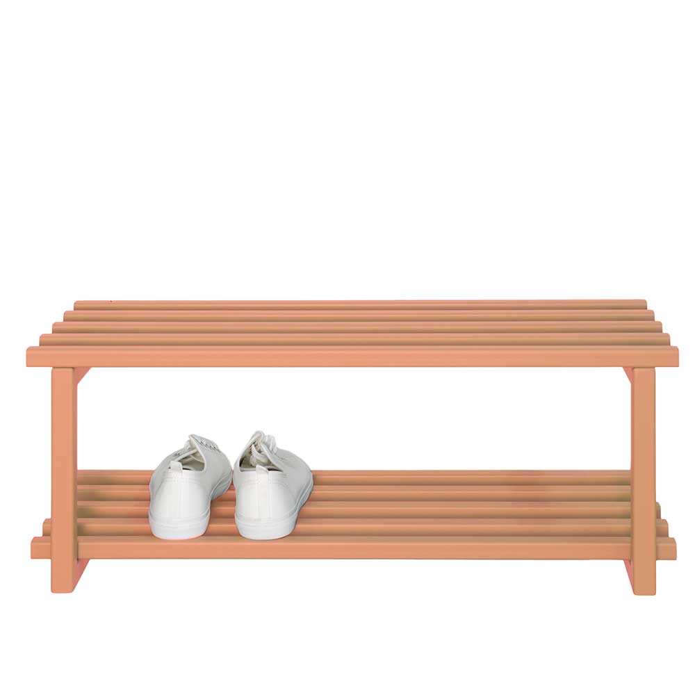Schuhaufbewahrung Regal in Terracotta mit zwei Ablageflächen und weißen Schuhen – Elenoires