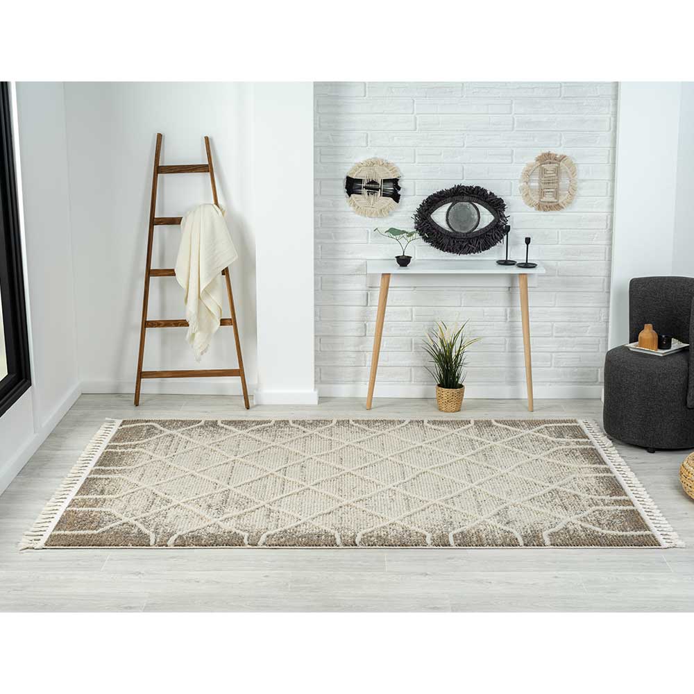 Rechteckiger Teppich in Beige und Grau mit Rautenmuster für den Wohnbereich – Freshna