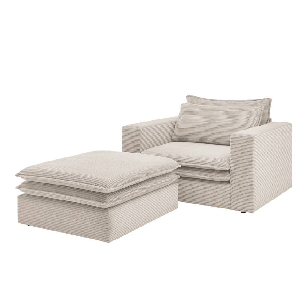Beiger Cord Sessel und passender Hocker für das Wohnzimmer – Jony