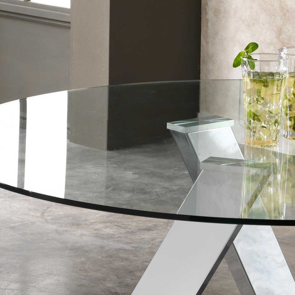 Esszimmertisch mit eleganter runder Glasplatte und glänzendem Kreuzgestell aus Chrom – Planet