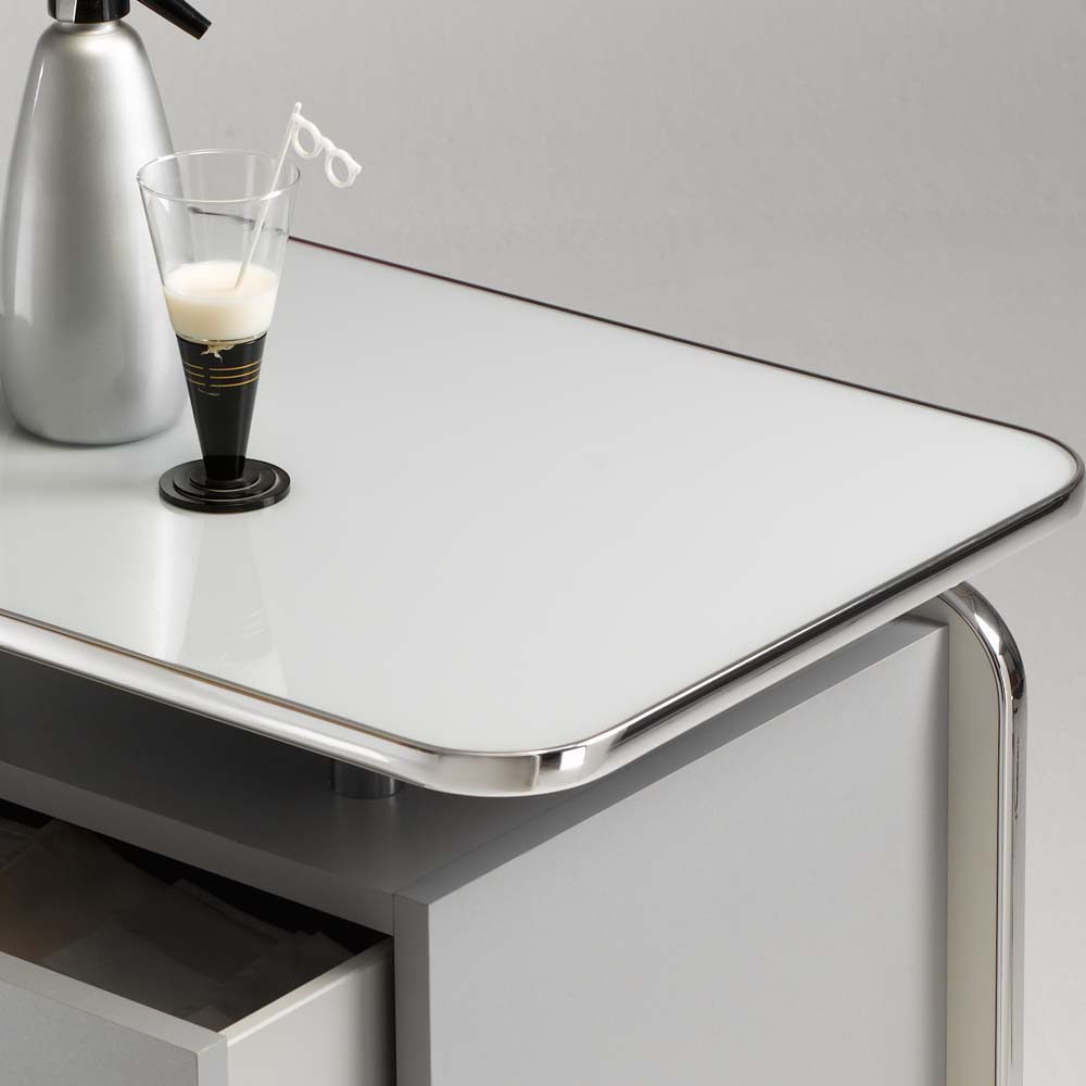 Milchglasplatte der Rolltheke Kaffeebar mit elegantem Chromrahmen – Gertrica