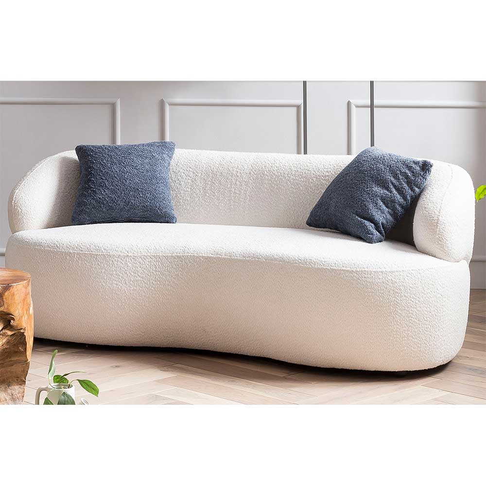 Gerundetes Federkern Sofa in Weiß Boucle mit blauen Kissen – Zenya