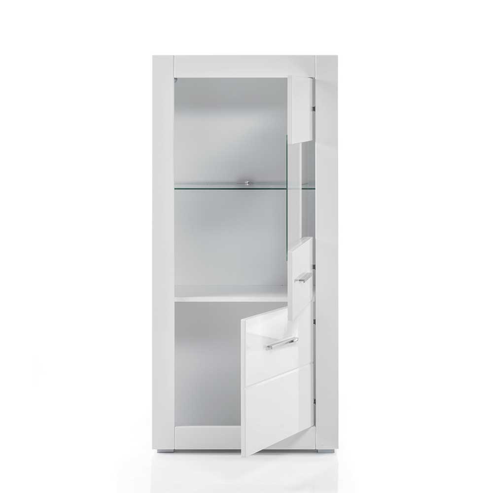 280cm breite Schrankwand in Weiß Hochglanz Yulis optional mit LED (vierteilig)