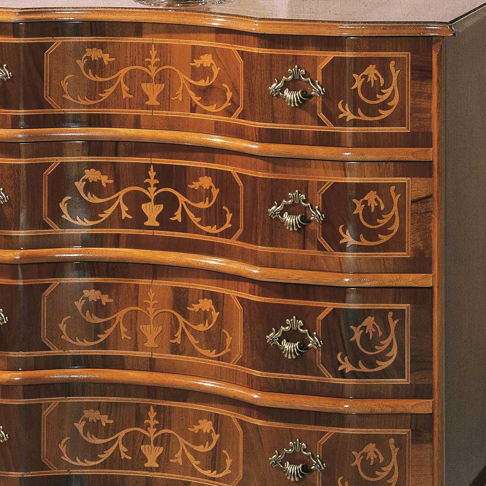 Nussbaum Kommode mit geschwungenen Schubladen und detailreichen Intarsien im eleganten Design – Agosto