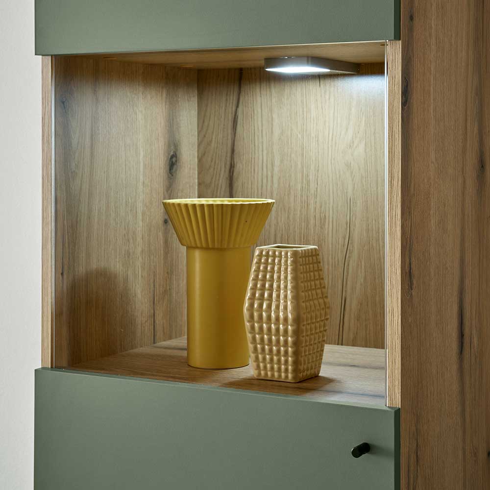 Vitrinenschrank in Graugrün mit Wildeiche - Oliva