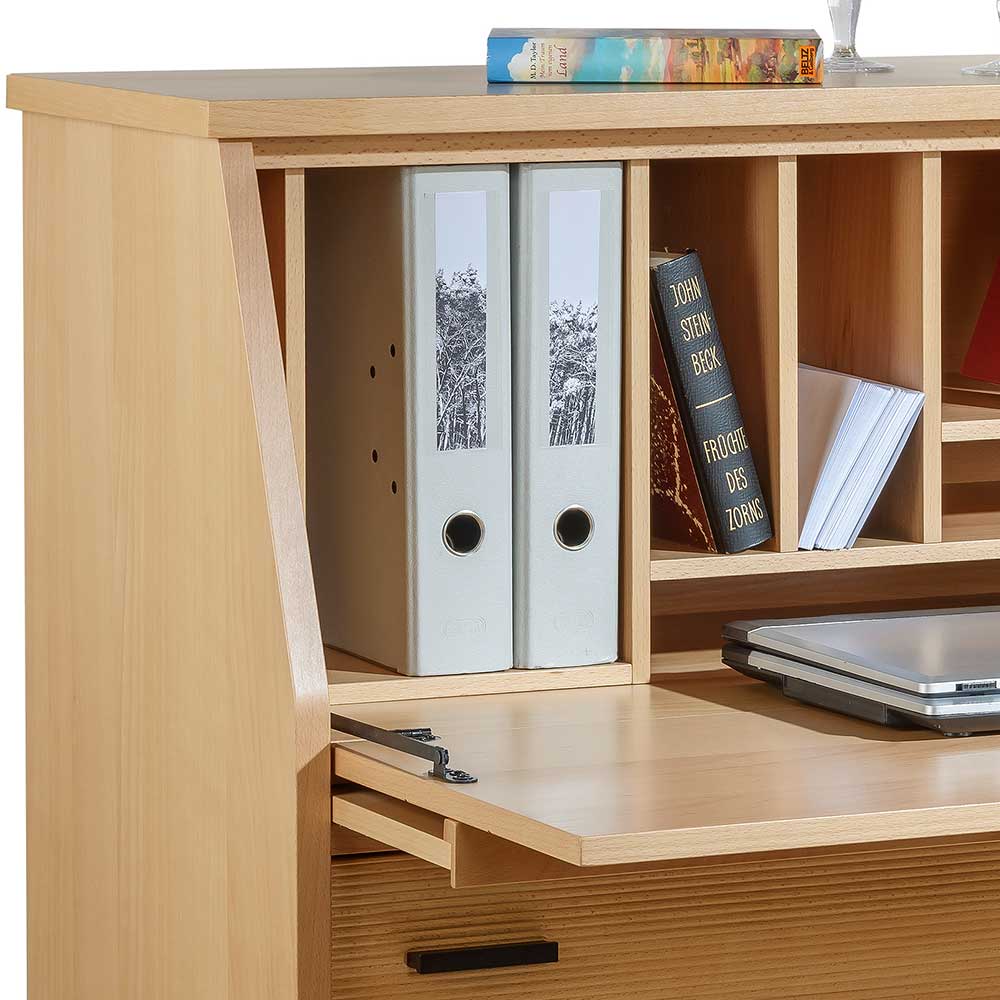 Innenleben des Sekretärs mit Ablagefächern, Ordnern, Laptop und Büchern in Buche – Nobileo