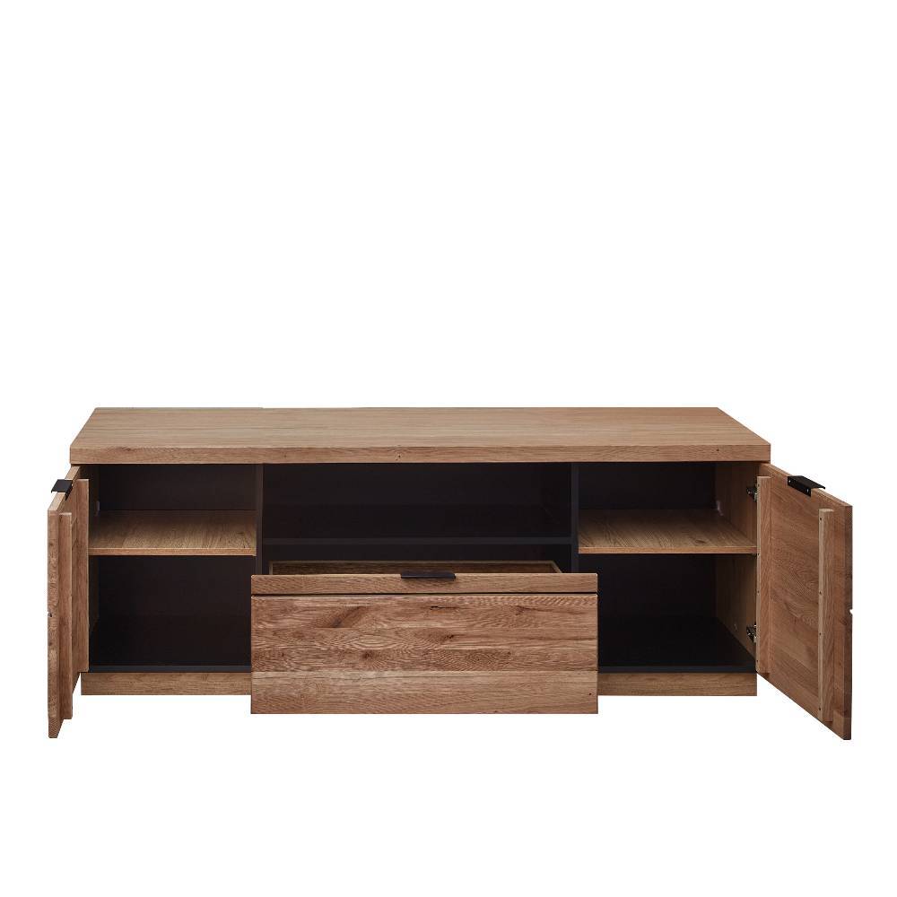 TV Board Wildeiche Bianco mit offenen Fächern und ausgezogener Schublade – Dritos