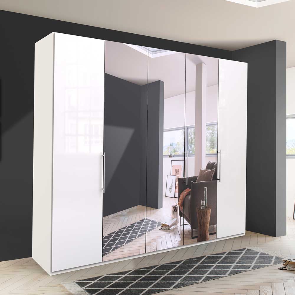 Weißer Falttüren Kleiderschrank mit drei Spiegeltüren und Hochglanz-Oberfläche für das Schlafzimmer – Dolienca
