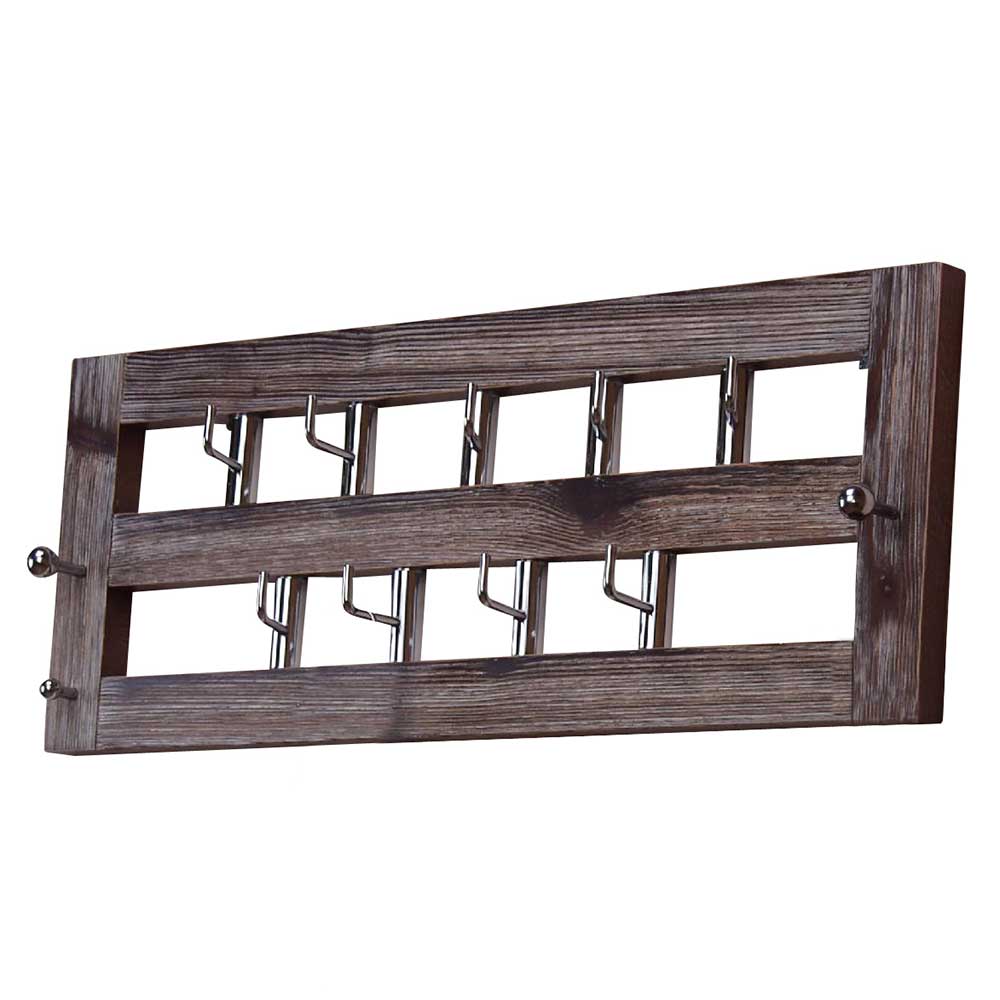 Braune Wandgarderobe aus Pinienholz mit Metallhaken für Flur – Fionora