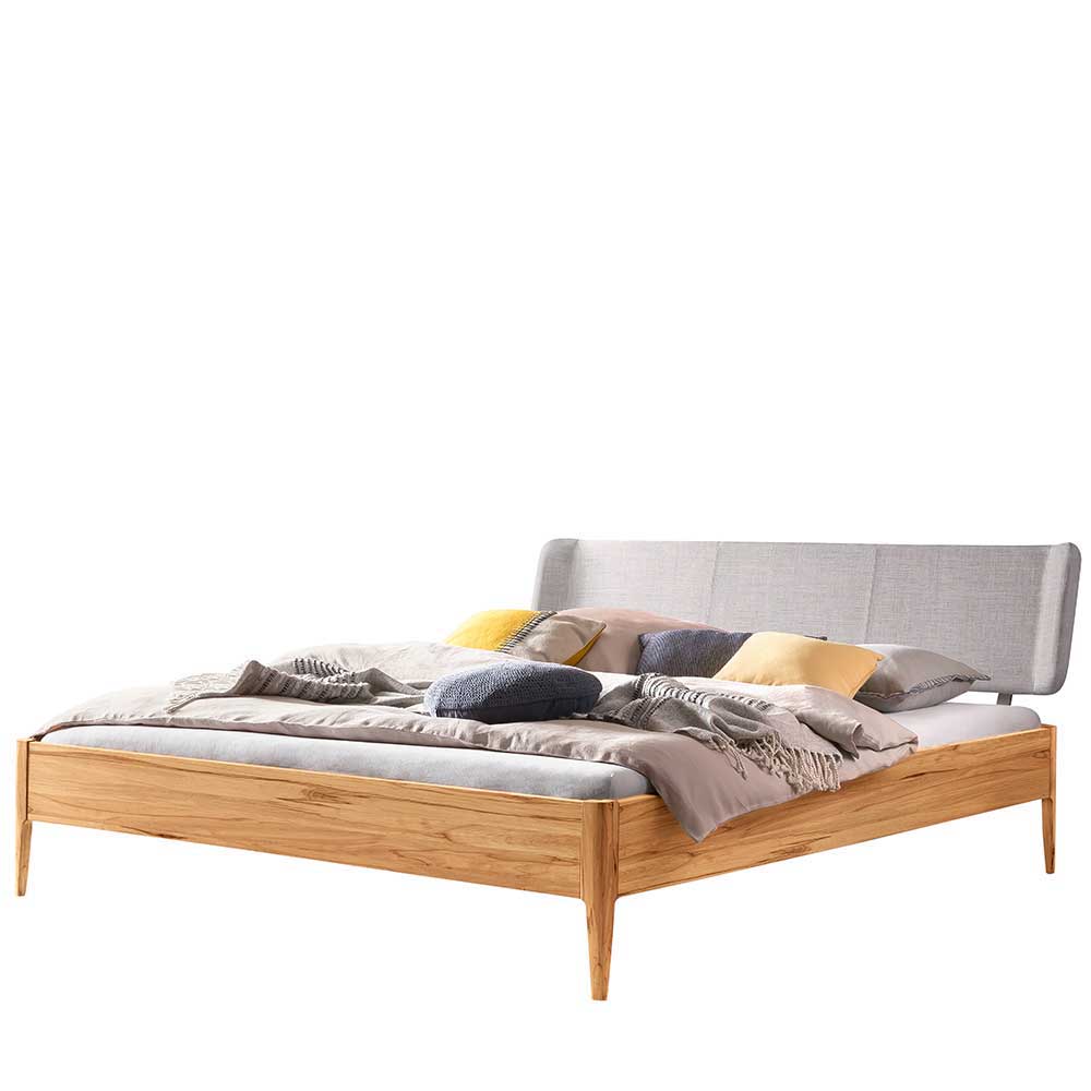 Modernes Holzbett aus Wildbuche mit gepolstertem Stoff-Kopfteil für das Schlafzimmer – Raffinato