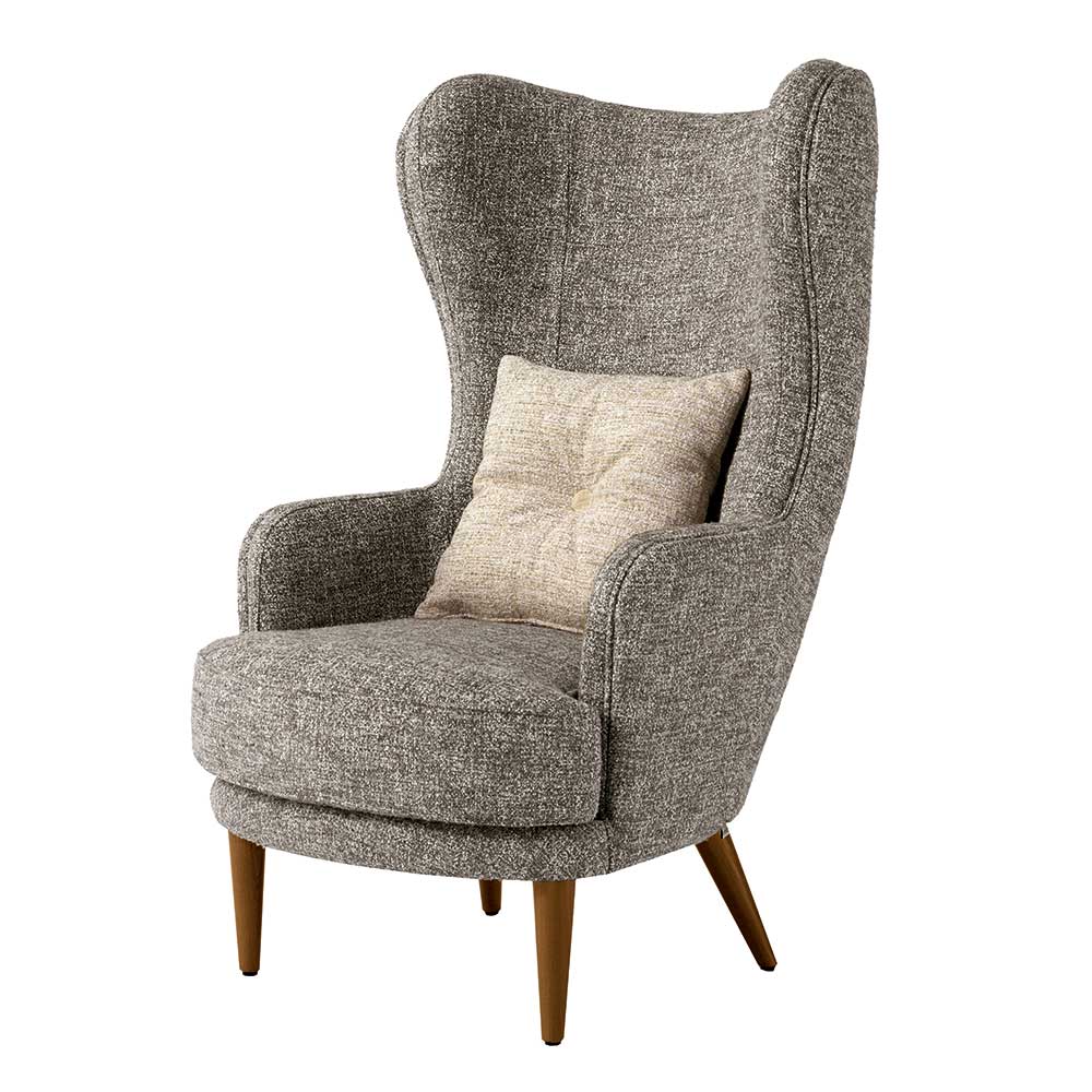 Moderner Ohrensessel in Beigegrau Boucle mit Zierkissen und Holzbeinen für das Wohnzimmer – Curemo