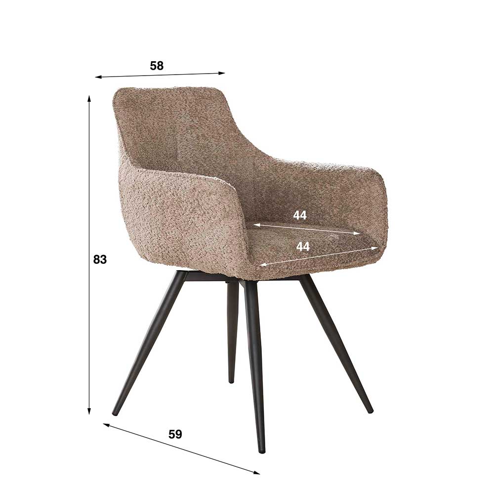 Esszimmer Drehstuhl in Beige Boucle mit detaillierten Maßen und Abmessungen – Yilan