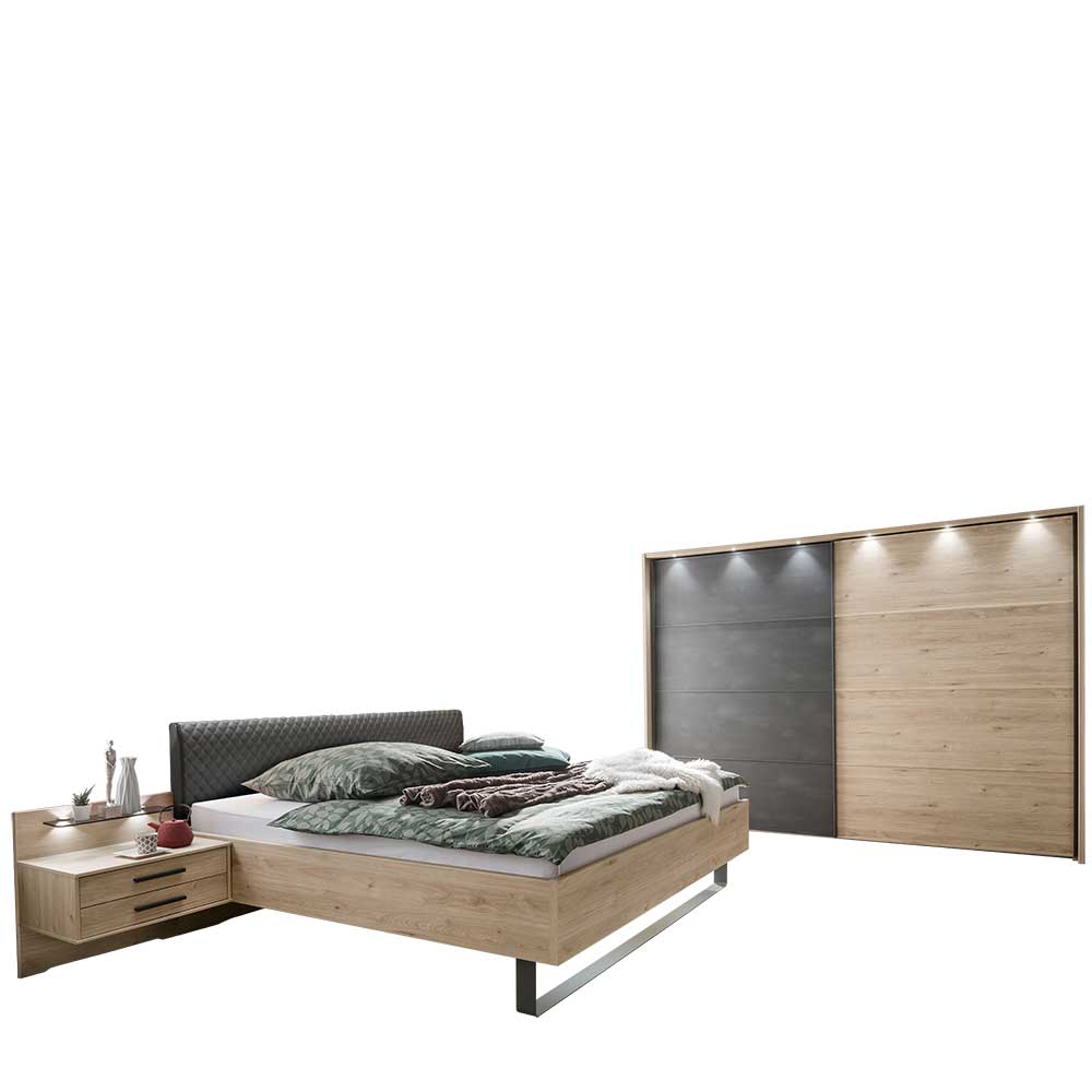 Vierteiliges Schlafzimmer Set mit Bett, Nachttischen und Schwebetürenschrank in Holz-Betonoptik – Licruva