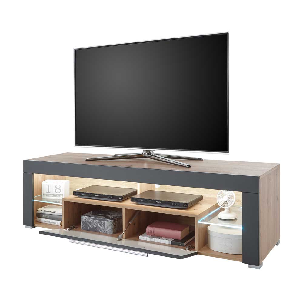 Beleuchtete TV Kommode mit Klappe & Glas-Böden - Lorena