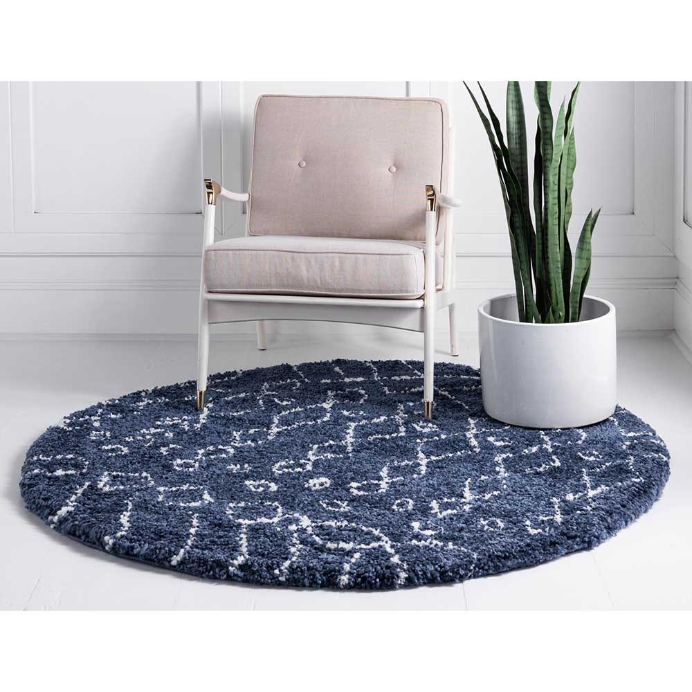 Moderner Hochflor Teppich in Blau mit Creme - Luzian