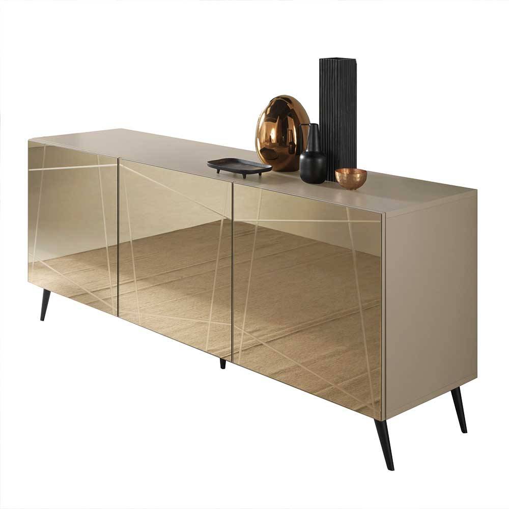 Elegantes Sideboard in Taupe mit verspiegelten Bronzefronten und schwarzen Füßen – Lotivera