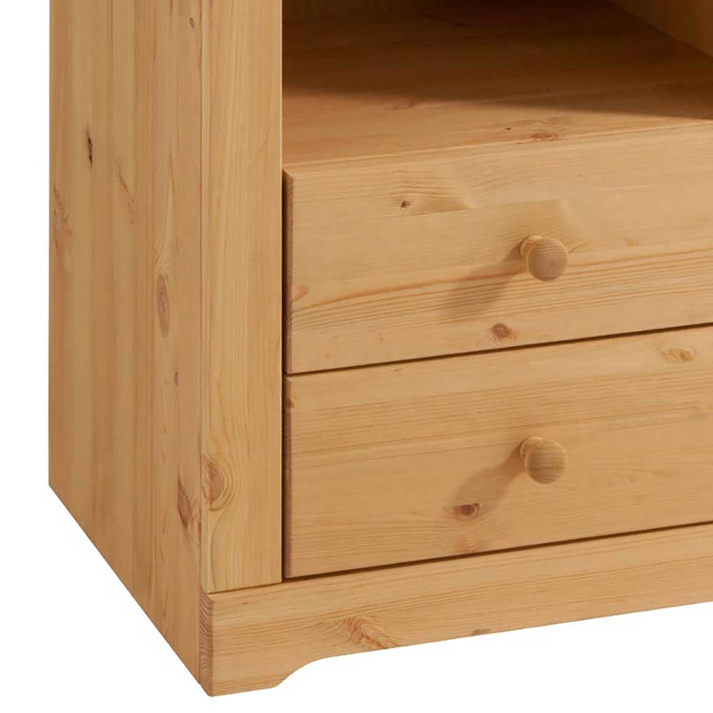 Kiefernholz Kommode mit zwei Schubladen und runden Holzknöpfen am Sockel – Silevos