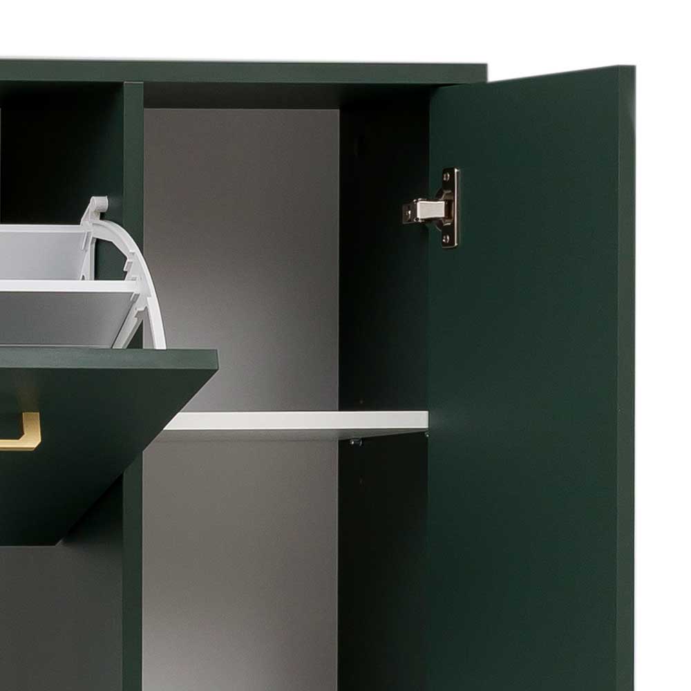 Dunkelgrüner Schuhschrank Innenansicht mit offenem Klappfach und Seitenregal – Aqua
