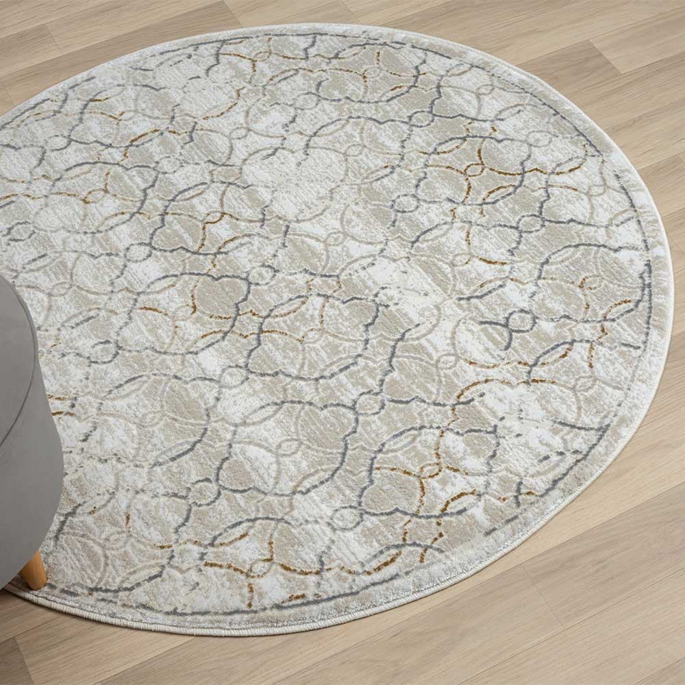 Runder Kurzflor Teppich mit dezentem, geometrischem Muster in Beige und Grau für das Wohnzimmer – Leak