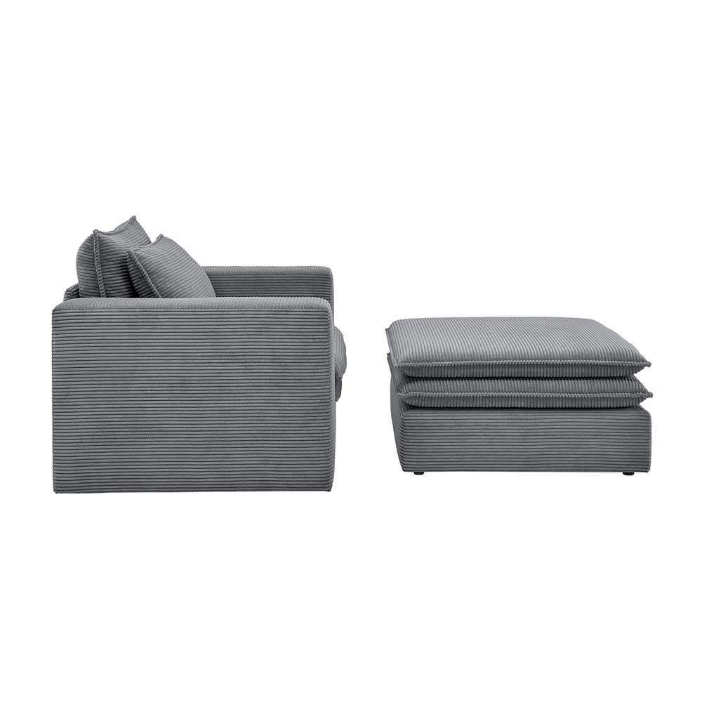 Seitliche Ansicht des grauen Cord Sessel und Hocker Sets zweiteilig – Ruffos