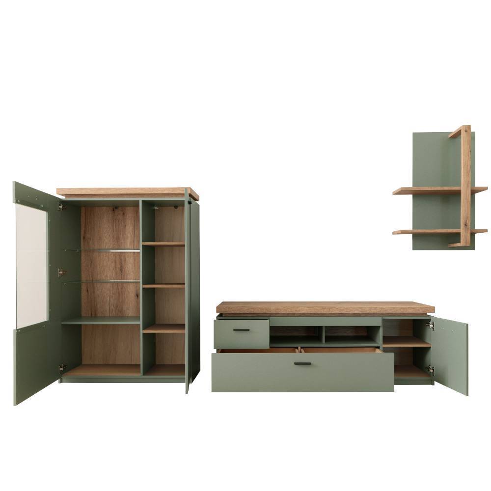 Design Wohnwand in Graugrün und Eiche - Kwin (dreiteilig)