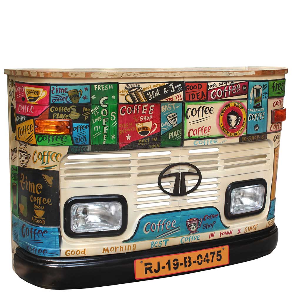 Upcycling LKW Bar Theke mit Recyclingholz Platte und farbenfrohem Coffee Design – Umbrosin