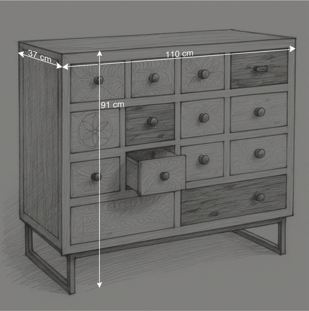 110x91x37 Recyclingholz Kommode mit 14 Schubladen - Emirello