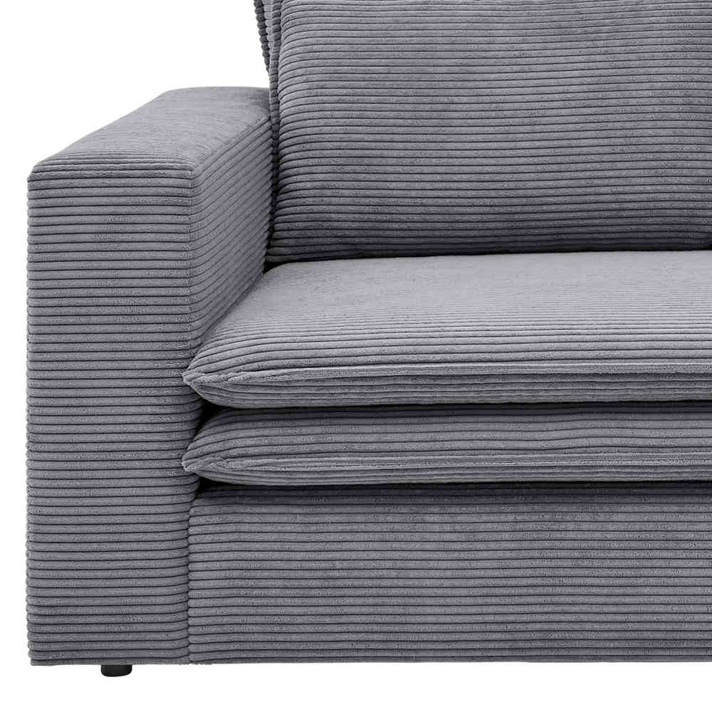 Armlehne und Sitzfläche des grauen Cord Zweisitzer Sofas mit gerippter Textur – Ruffos