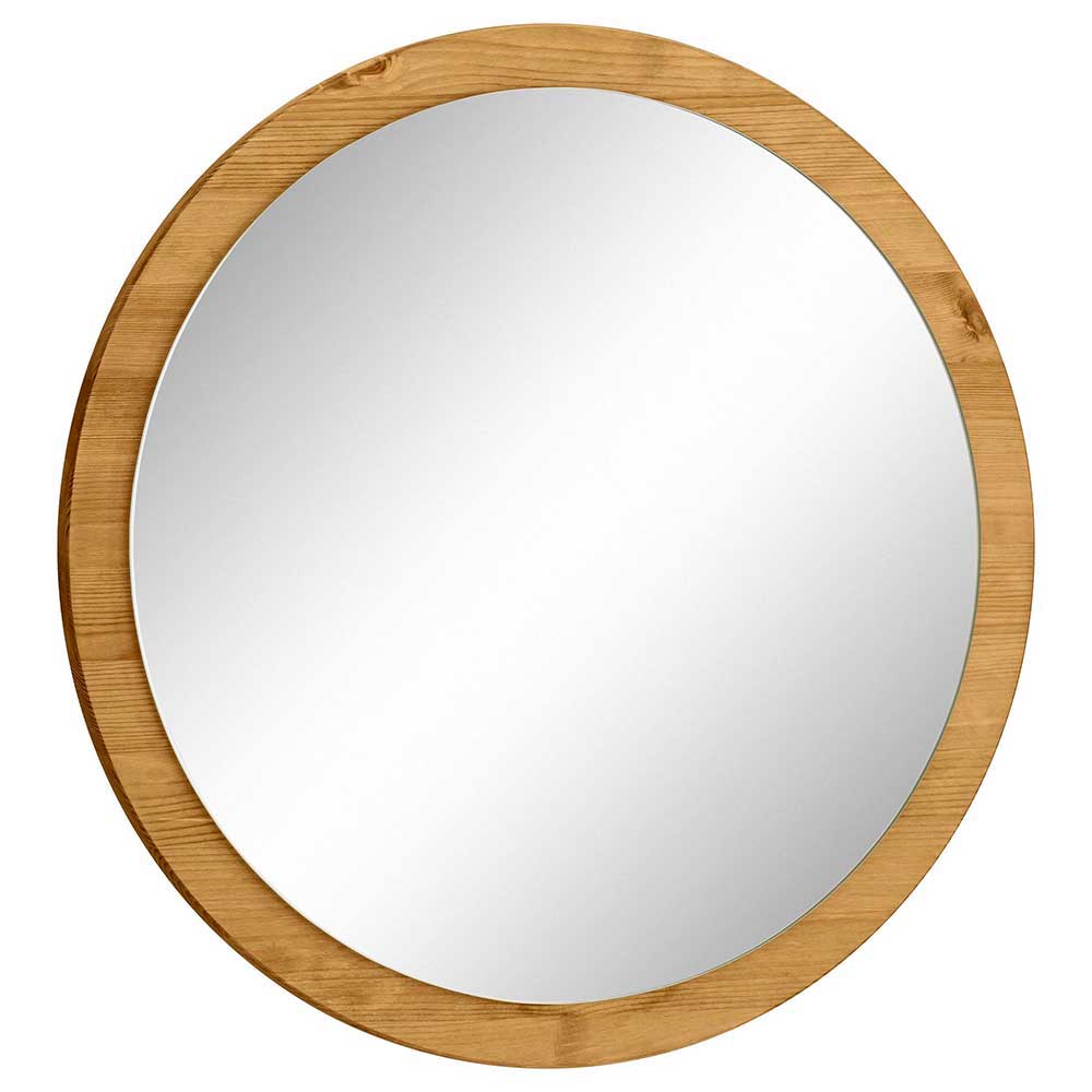 Runder Badezimmerspiegel mit breitem Rahmen aus hellem Massivholz für eine natürliche Optik – Zavieca