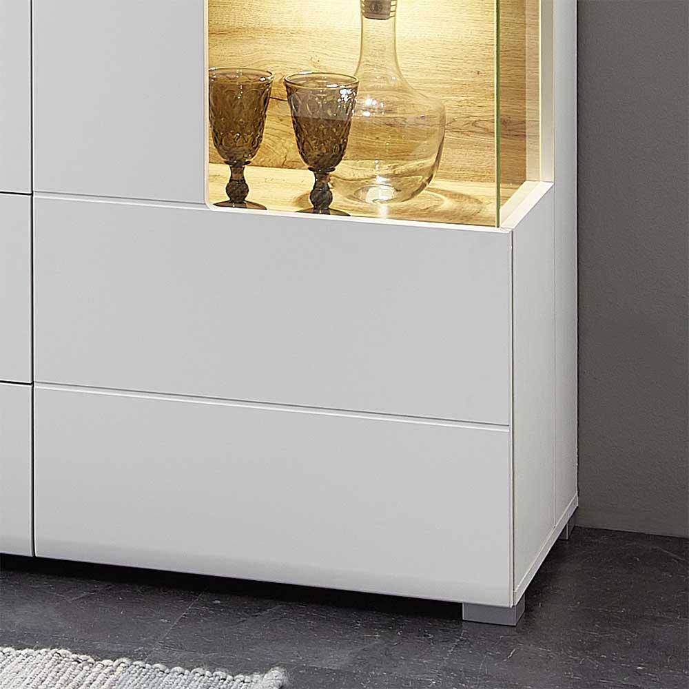 Weißes Wohnzimmer-Sideboard mit beleuchteter Vitrine und zwei geräumigen Schubladen – Lisepio