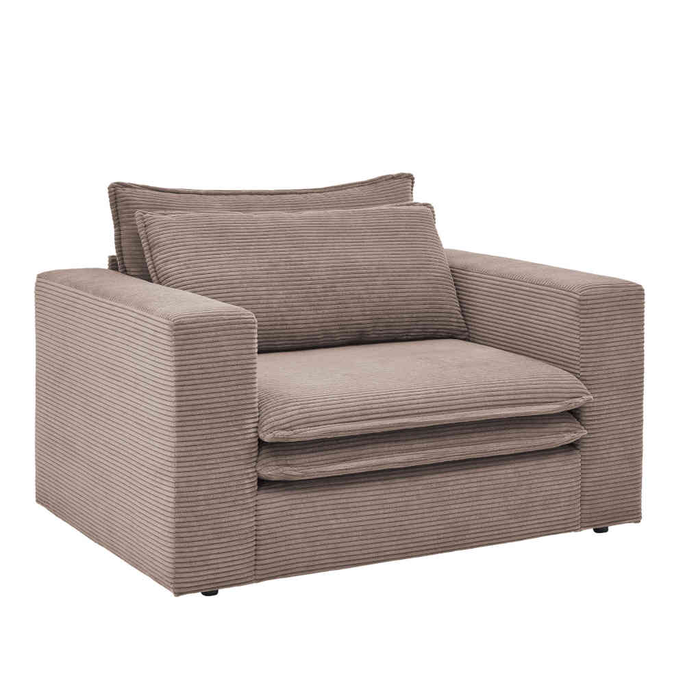 Gemütlicher XL Sessel mit beigem Cordbezug und zwei weichen Kissen für das Wohnzimmer – Anyna