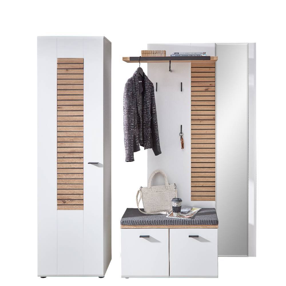 Dreiteilige Flureinrichtung Komplettset mit Dielenschrank, Garderobe und Schuhbank in Weiß – Niam