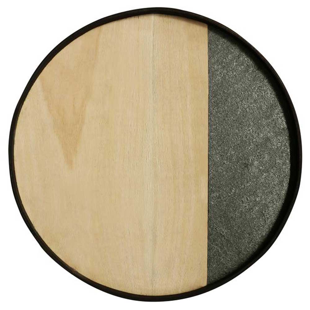 Runde Tischplatte aus heller Holzoptik und dunklem Schieferdesign mit schwarzem Rand für den Beistelltisch – Kontrada
