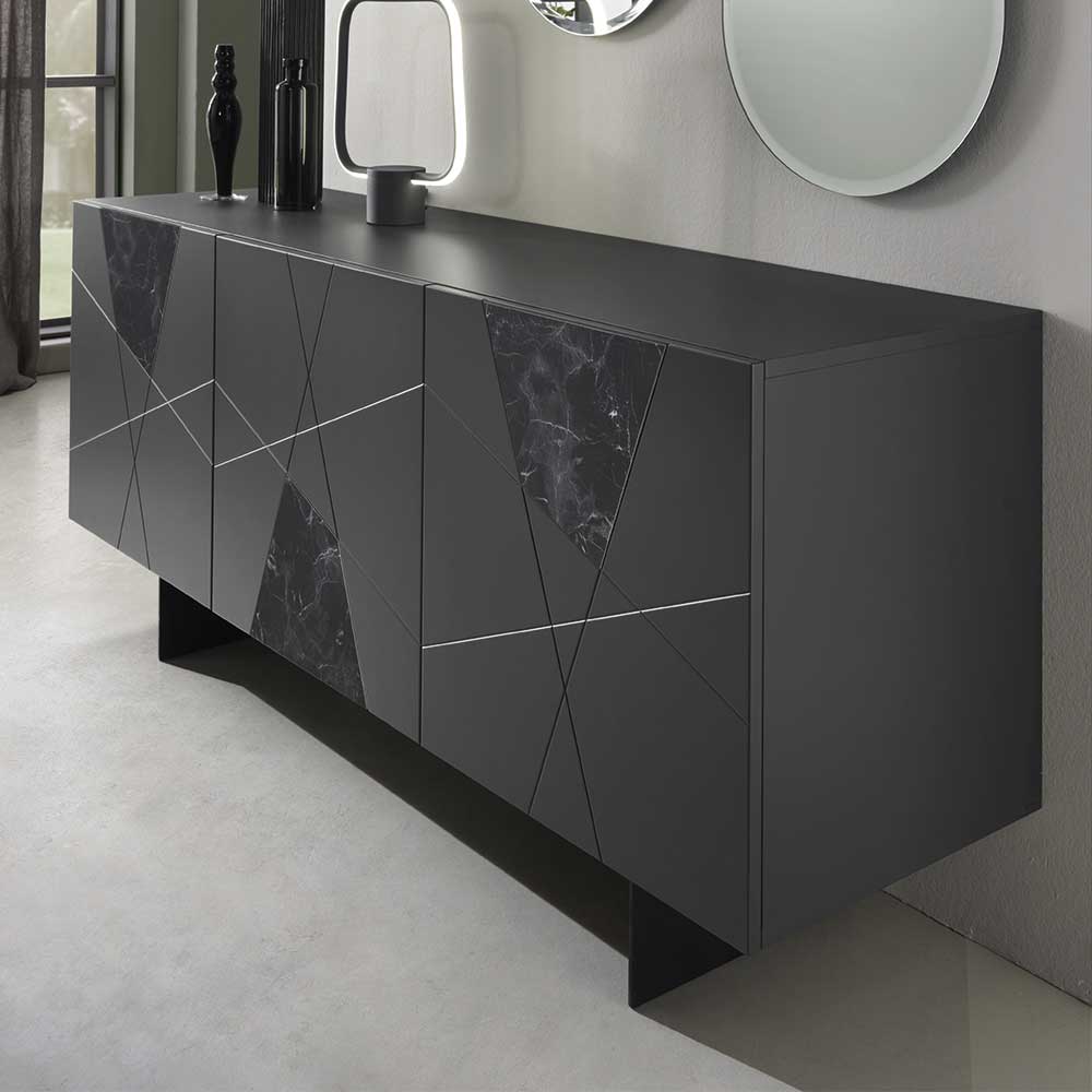 Modernes 3-türiges Sideboard Schwarz mit Marmor Einsätzen und geometrischem Design für Ihr Wohnzimmer – Wakes