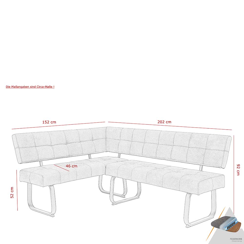 Moderne Eckbank Maße 152x202 cm für Essbereich mit Federkorb und Sitzhöhe – Elfetes