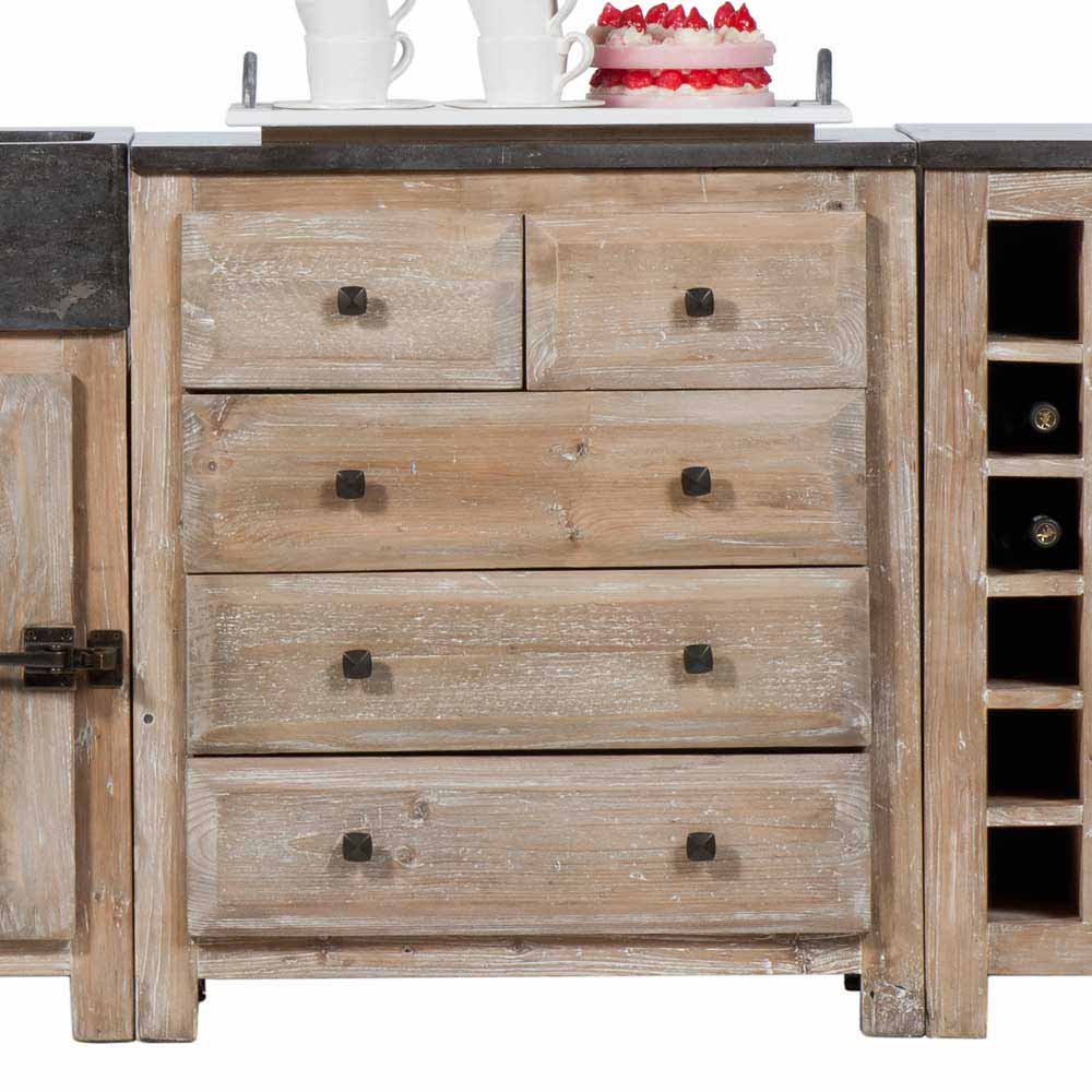 Küchenschrank mit fünf Holzschubladen und dunklen Griffen aus hellem Recyclingholz – Ashvills